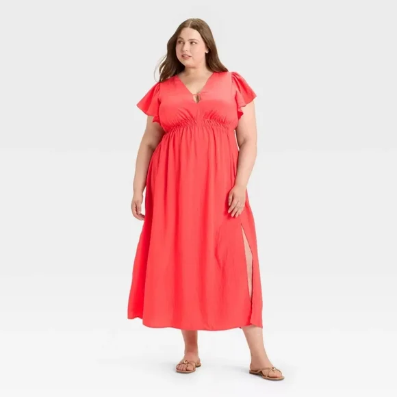 NWT Flutter Sleeve Coral RedMaxi Dress Size 2X - Picture 3 of 3